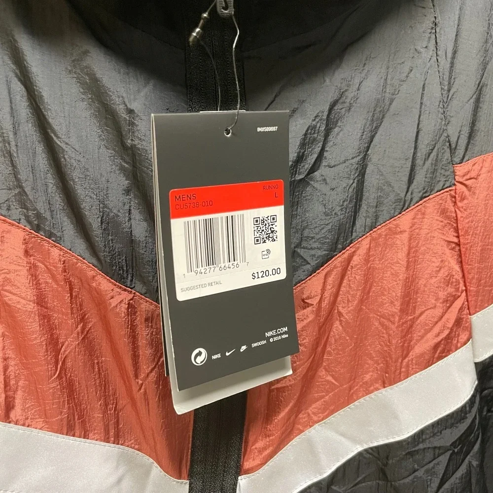 NWT Nike Mens Windrunner Running Jacket Black Red Full Zip Hooded Standard Fit L